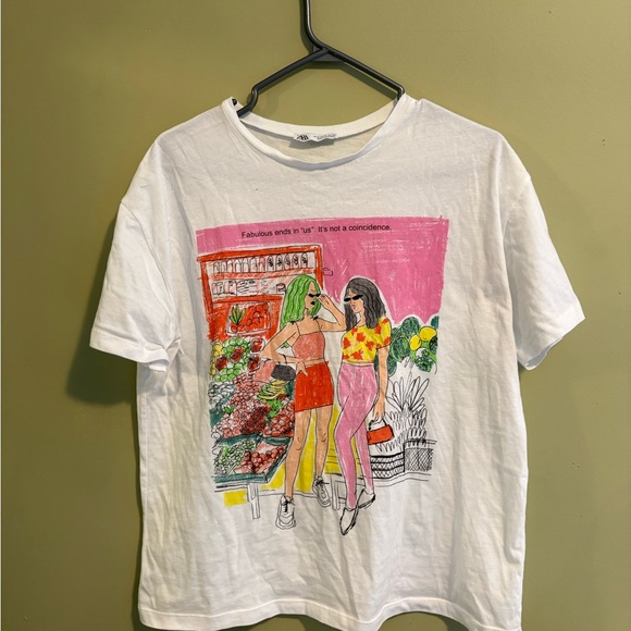 Zara Tops - Graphic White T-Shirt with Colorful Print